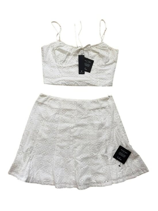Lulus Dresses & Skirts - Lulus Eyelet Cotton 2 Piece Set Womens L White Crop Top Mini Skirt NWT Summer